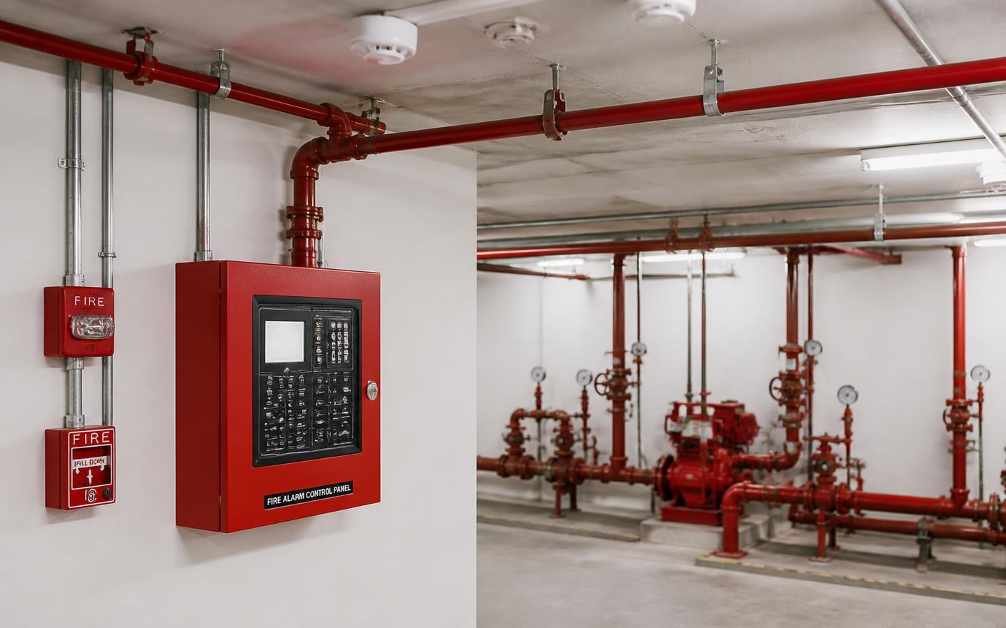 Fire alarm control panel and sprinkler pump room