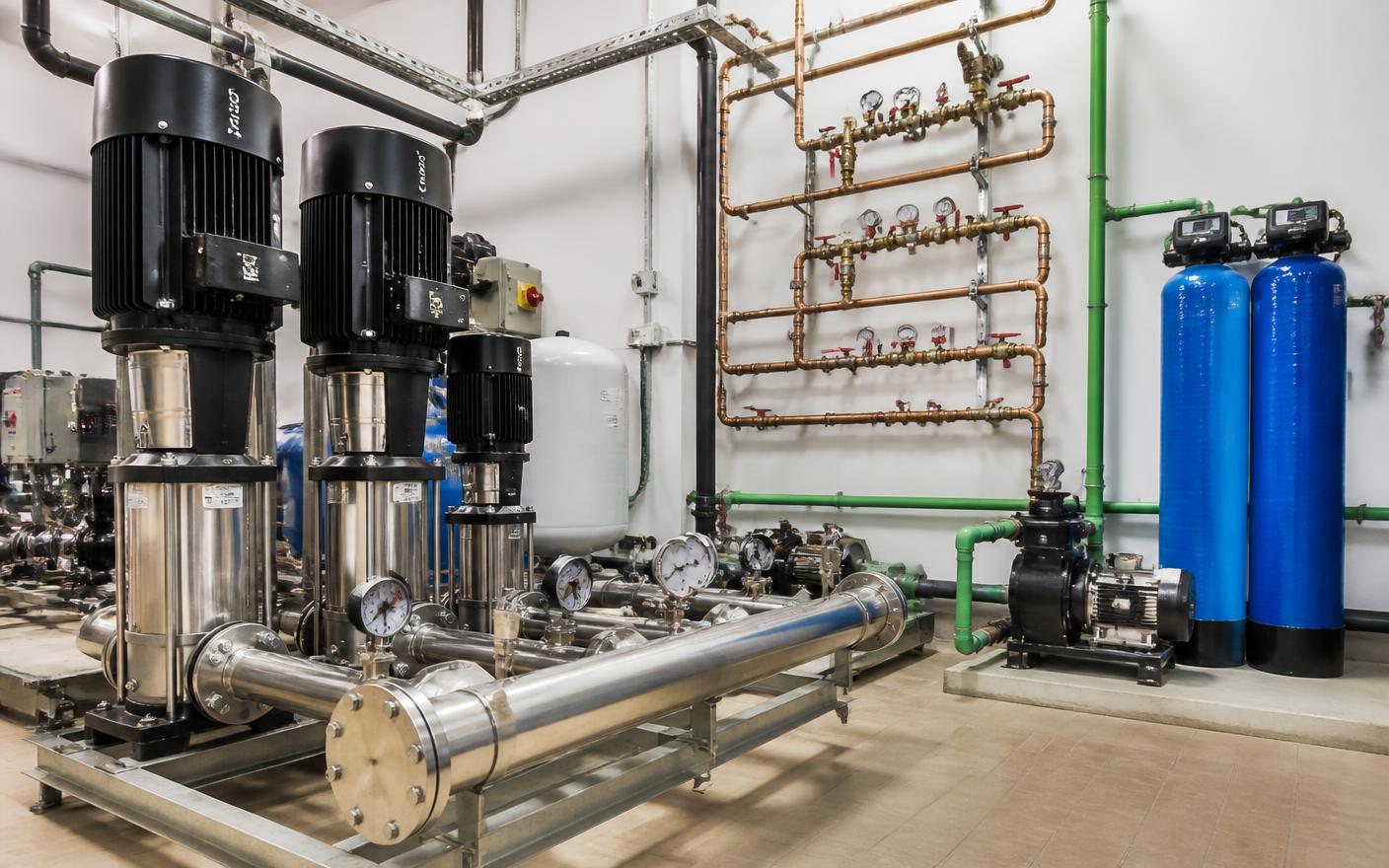 Water pump room with filtration and manifolds
